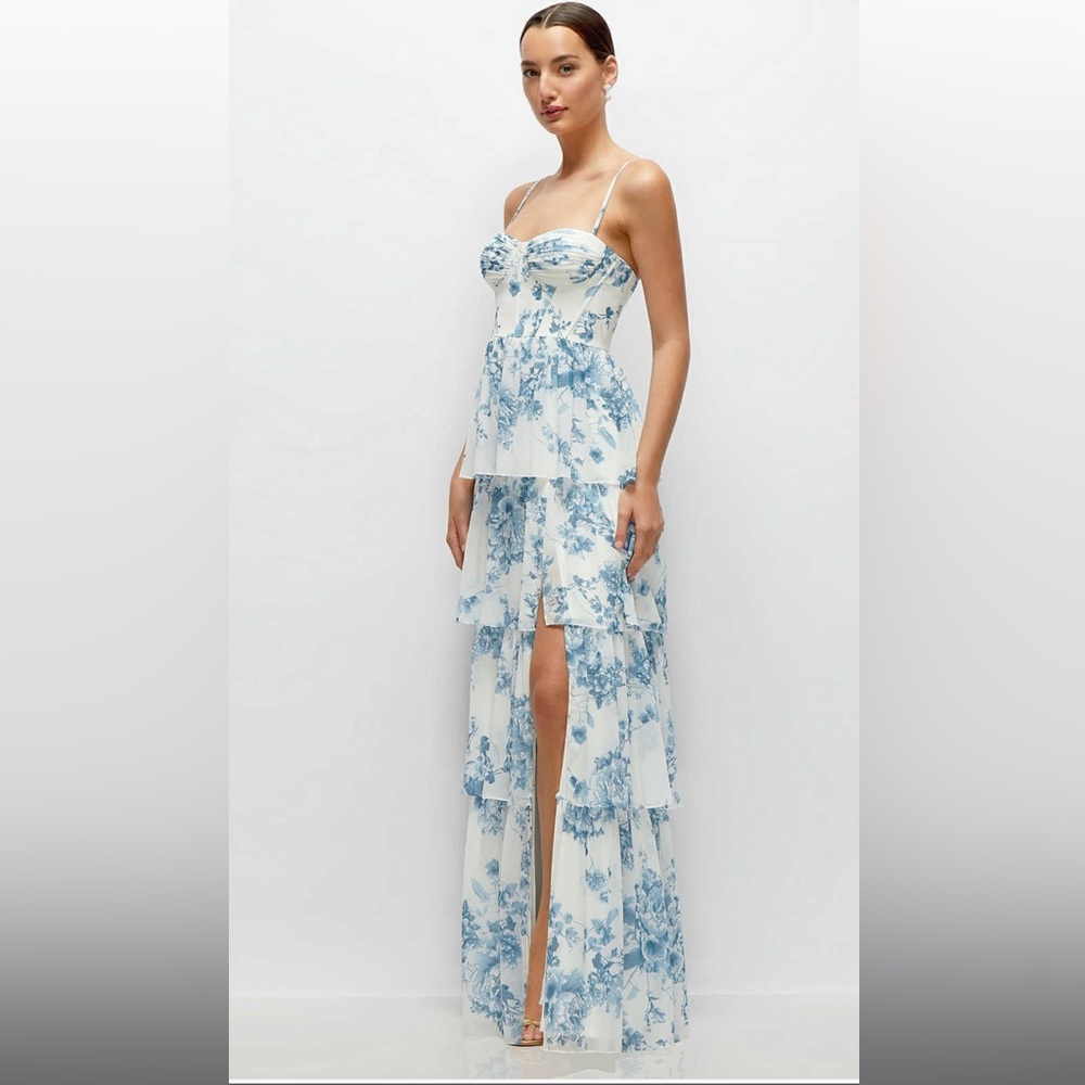 LIGHT BLUE BUSTIER-STYLE CHIFFON TIERED RUFFLE MAXI - Picture 4 of 8